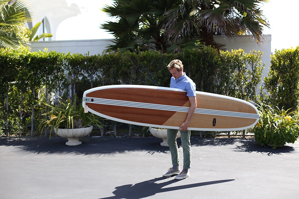 almond surfboard with wood inlay